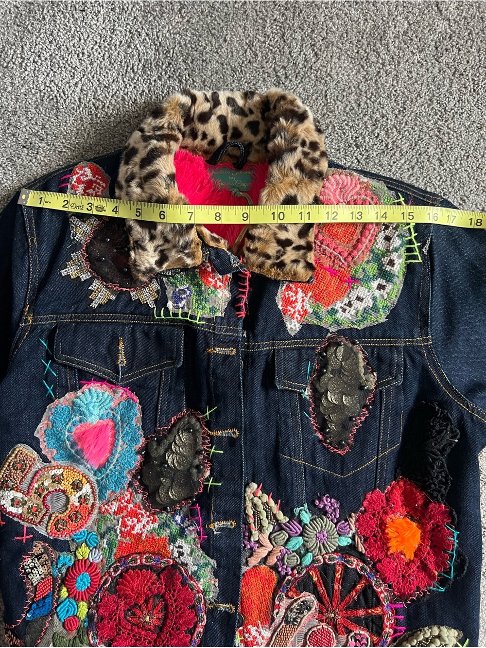 Antica Santoria Embroidered Denim Jacket with Fuschia and Leopard Trim - Picture 9 of 15